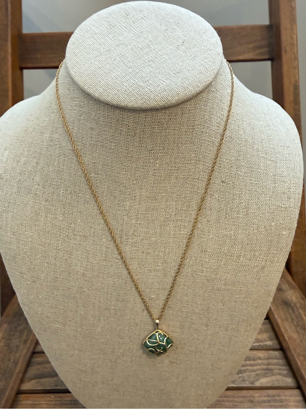 Vintage Emerald Green Mosaic Pendant Necklace Gold Tone Boho Statement
